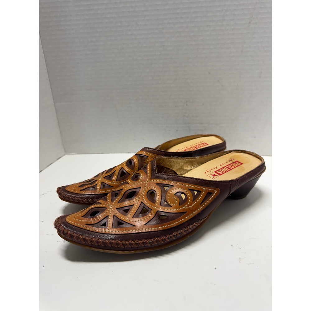 Pikolinos Spanish Design Brown Leather Laser Cut Mules Kitten Heel Size 37 6.5